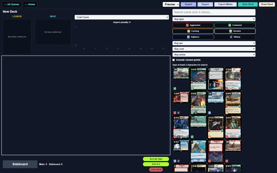 The DeckPub deckbuilder for Star Wars: Unlimited, with leader and base slots, a cost curve, aspect filters, and a grid of card results